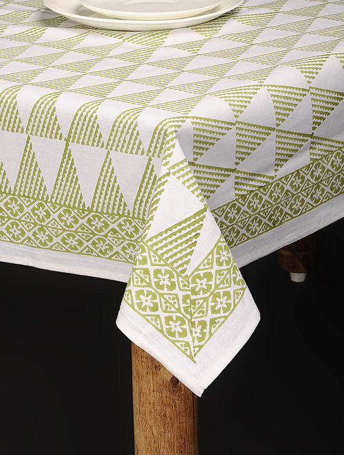 Green-White Hand Block-printed Cotton Table Cover (85in x 60in)