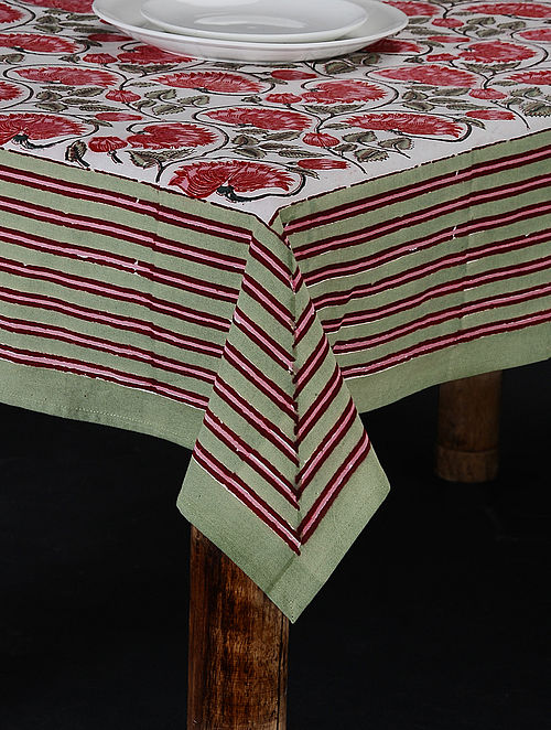 Green-Red Hand Block-printed Cotton Table Cover (85in x 60in)