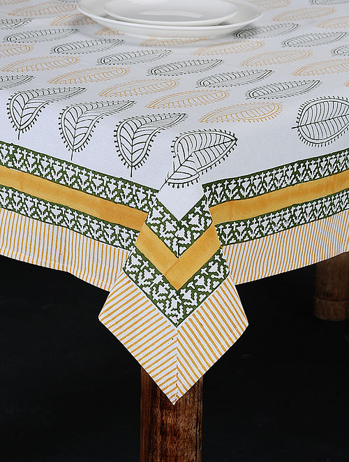 Green-Yellow Hand Block-printed Cotton Table Cover (85in x 52in)