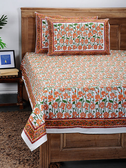 Orange-Green Block-Printed Cotton Double Bed Cover with Pillow Covers (Set Of 3)