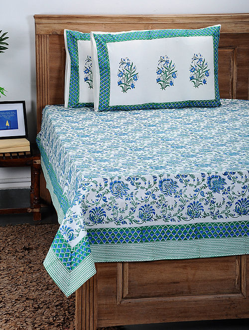 Blue-Green Block-Printed Cotton Double Bed Cover with Pillow Covers (Set Of 3)