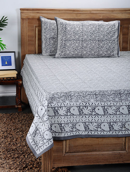 Grey Block-Printed Cotton Double Bed Cover with Pillow Covers (Set Of 3)