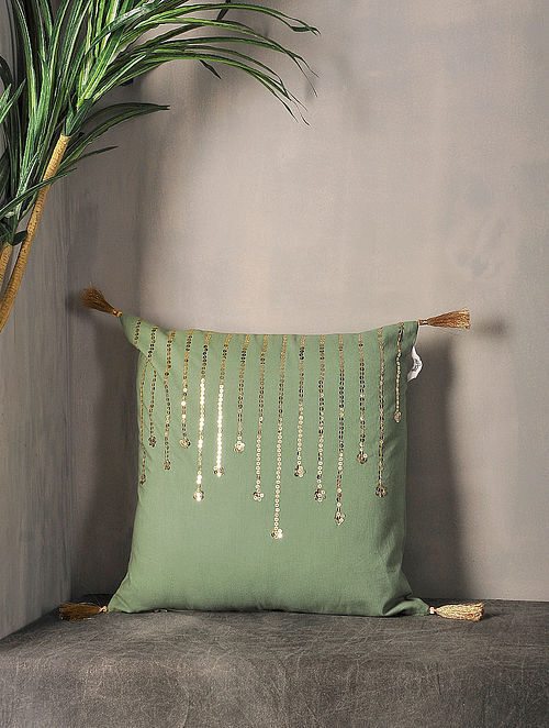 Olive Sequin-Embroidered Cotton Cushion Cover with Tassel ( 16in x 16in )