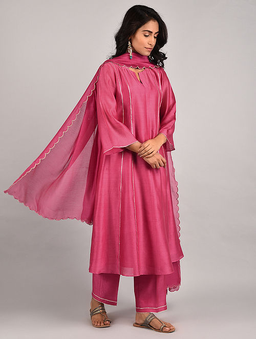 Buy Pink Gota Trimmed Chanderi Kurta with Pants and Scalloped Dupatta ...