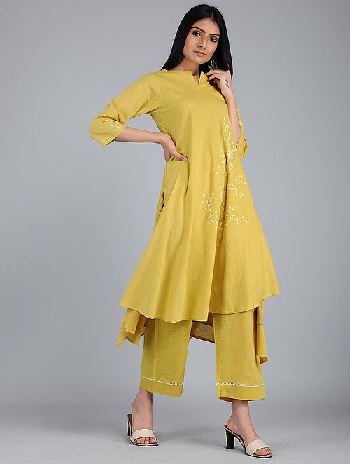 Buy Mustard Embroidered Cotton Slub Kurta with Pants (Set of 2) Online ...