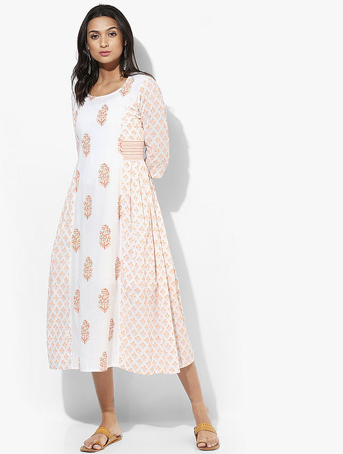 Ivory-Peach Block-printed Cotton Cambric Dress with Pleats