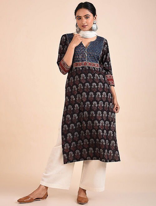 Buy Black Ajrakh Block Printed Cotton Kurta Online at Jaypore.com