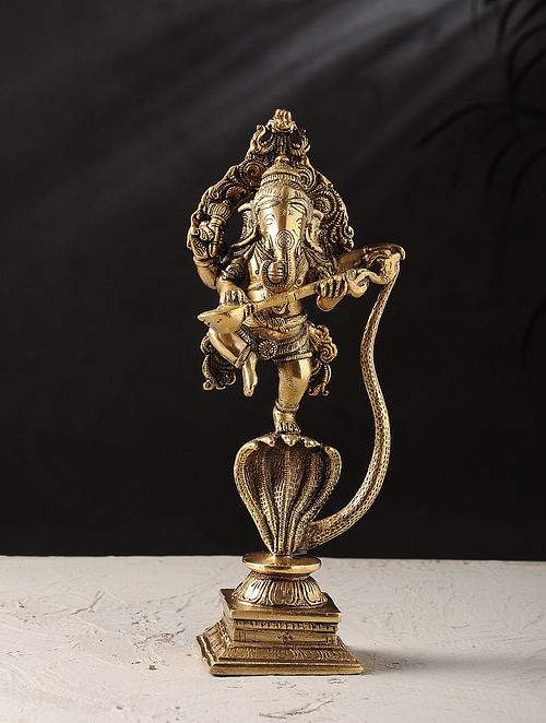 Brass Ganesha on Snake Tabletop Accent (L- 2.7in, W- 4.2in, H- 10.5in)