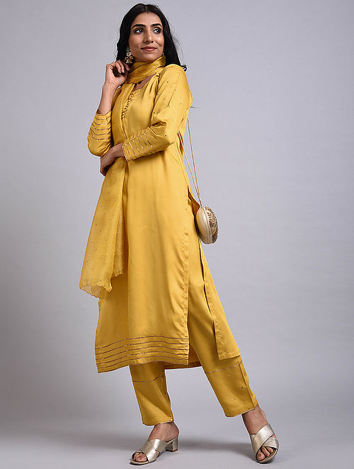 Buy Mustard Hand Embroidered Modal Kurta with Kota Silk Dupatta and ...