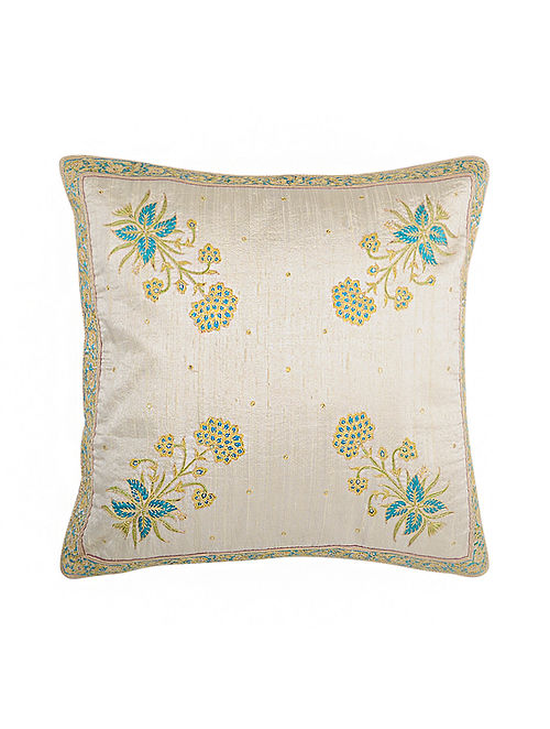 Ivory Hand Block Printed and Hand Embroidered Dupion Silk Cushion Cover (16in x 16in)