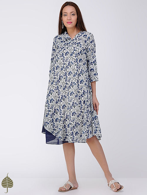 Blue-Ivory Block-printed Cotton Dress by Jaypore