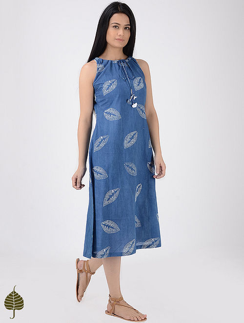 Buy Indigo-White Batik-printed Cotton Dress with Beaded Tassels by ...