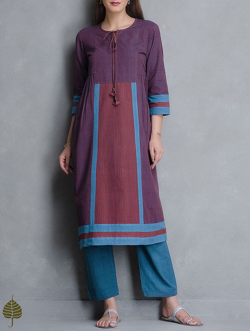 Purple-Turquoise Side Pleated Natural Dye Handloom Cotton Kurta By Jaypore
