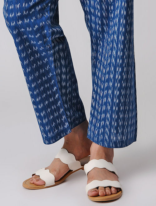 Blue-Ivory Tie-up Waist Handloom Cotton Ikat Pants by Jaypore