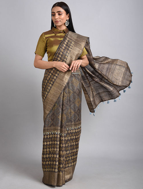 Buy Bronze-Blue Handwoven Ajrakh Printed Ghicha Tussar Silk Saree with ...