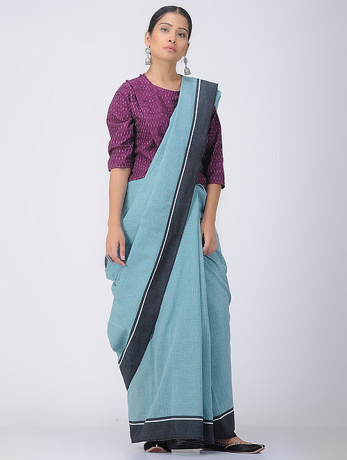 Buy Blue-Black Patteda Anchu Cotton Saree Online at Jaypore.com