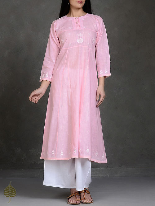 Pink-White Chikankari Kalidar Cotton Kurta by Japore