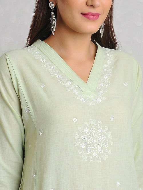 Green-White Chikankari Handloom Khadi Kurta by Jaypore