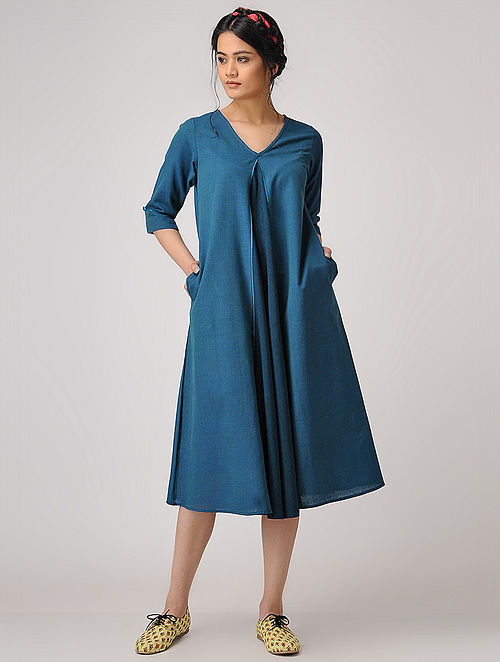 Buy Teal Handloom Cotton Dress with Pockets Online at Jaypore.com