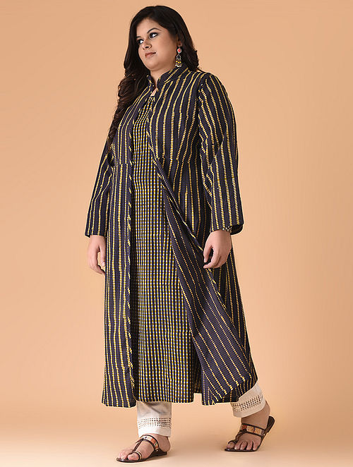 Indigo-Mustard Block-printed Cotton Dress with Jacket (Set of 2)