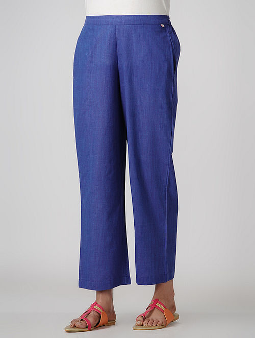 Blue Elasticated-waist Cotton Pants with Pockets
