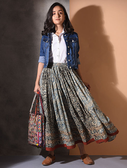 Multicolor Elasticated-waist Kalamkari Cotton Skirt with Gathers