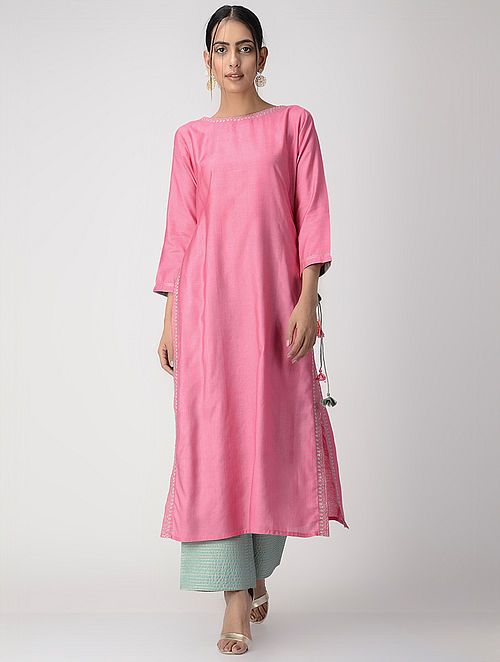 Pink Zari-embroidered Silk Cotton Kurta with Tassels