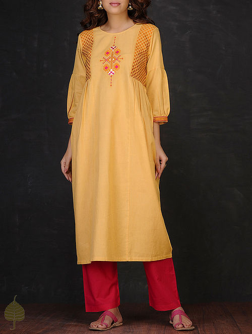 Yellow-Pink Embroidered Cotton Kurta with Gathers by Jaypore