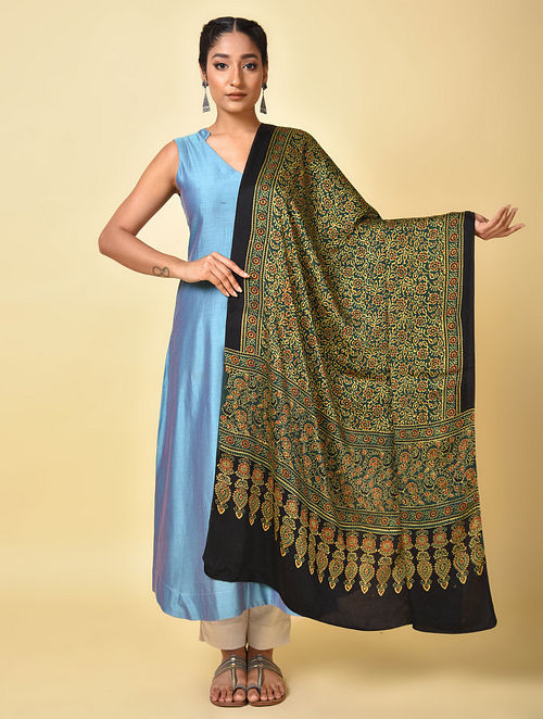 Buy Black-Yellow Ajrakh Printed Modal Silk Dupatta Online at Jaypore.com