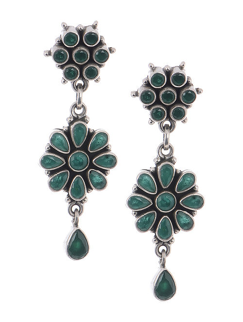 Green Silver Earrings with Floral Design