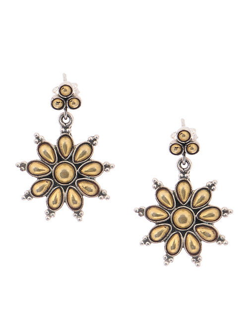 Dual Tone Silver Earrings with Floral Design