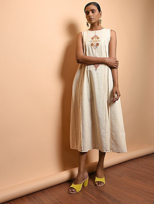 Ivory Cotton Khadi Embroidered Dress with Pleats