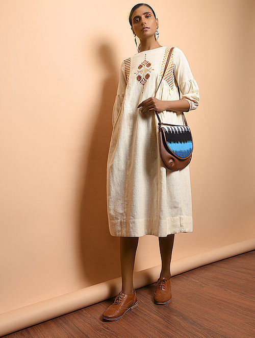 Ivory Cotton Khadi Embroidered Dress with Gathers
