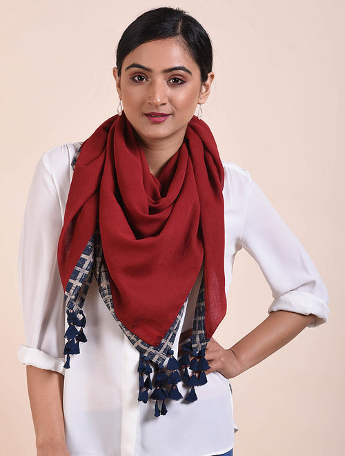 Buy Red-Blue Block Printed Cotton voile Square Scarf Online at