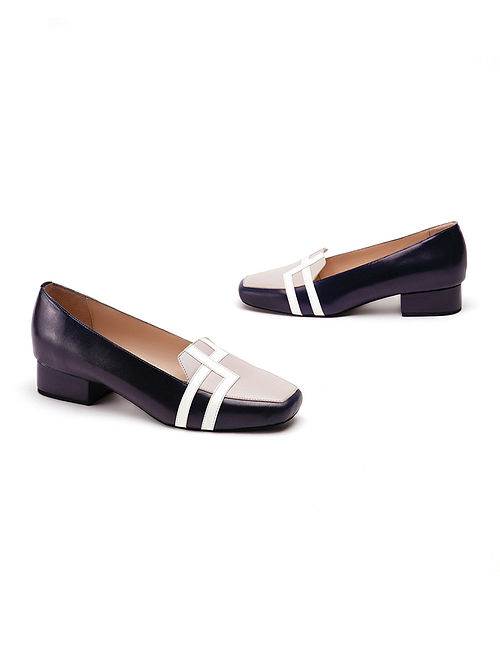Blue Grey Soft and Patent Handcrafted Leather Block Heels