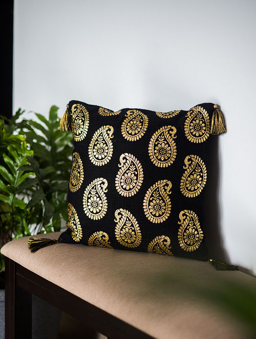 Navroz Golden Paisley Black Cotton Cushion Cover (16in x 16in)