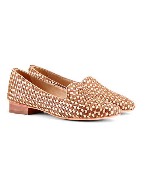 Tan Gold Handcrafted Woven Leather Shoes