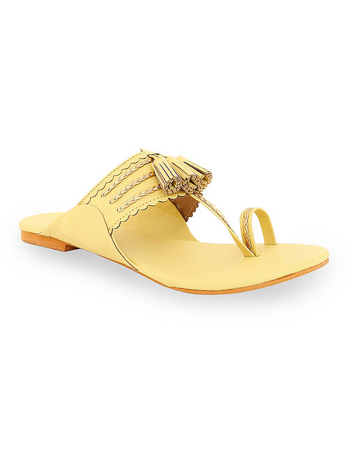 Yellow Handcrafted Kolhapuri Flats with Tassels