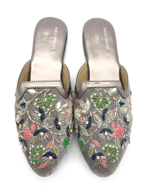 Multicolored Hand Embroidered Faux Leather Mules