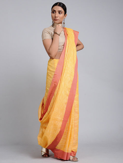 Buy Yellow Handwoven Cotton Saree with Tassels Online at Jaypore.com