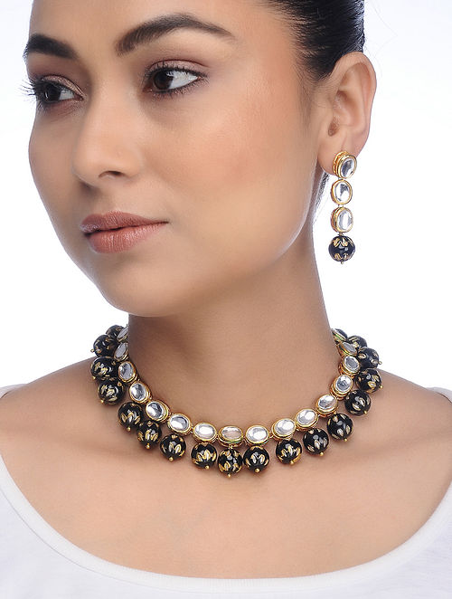 Black Gold Tone Kundan Inspired Meenakari Necklace with Earrings (Set of 2)