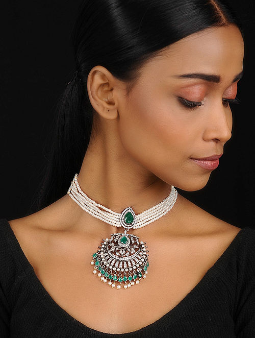 Buy Green-White Silver Tone Victorian Polki Choker Necklace with Pearls ...