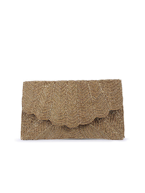 Gold Hand-Embroidered Satin Flapover Clutch