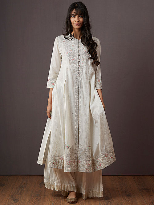 Ivory Embroidered Polyester Kurta with Pants (Set of 2)
