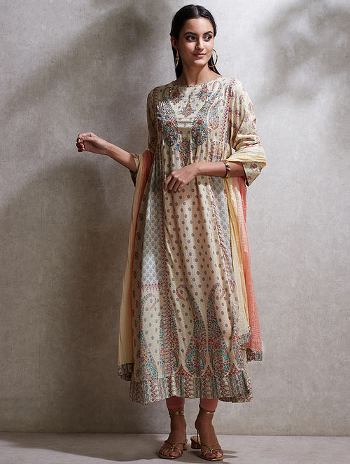 Buy Beige Printed Cotton Dobby Kurta with Leggings and Dupatta (Set of ...