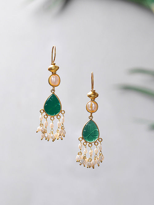 Green Onyx Gold-plated Silver Earrings with Fresh Water Pearls