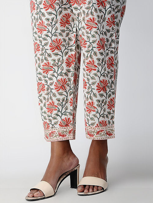 Red-Green Tie-up Waist Block-printed Cotton Pants