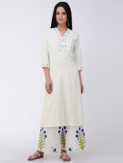 Buy Ivory Kantha-embroidered Cotton Khadi Kurta with Mirror Work Online ...