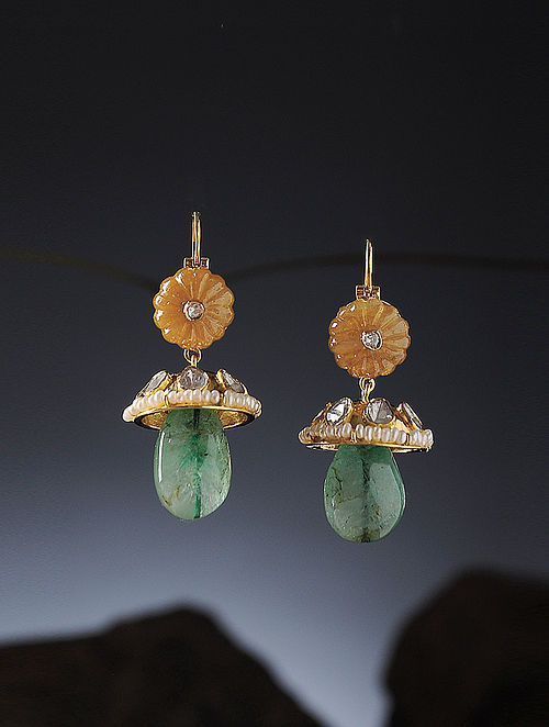 Stylish Green colour carved stone earrings with Kundan and Pearl detailing  Dangle Green earrings with push backs
