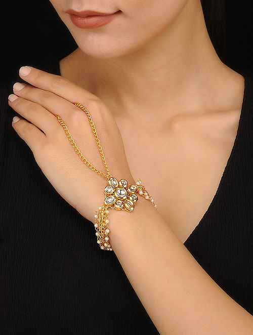 Gold Tone Kundan Bracelet with Pearls